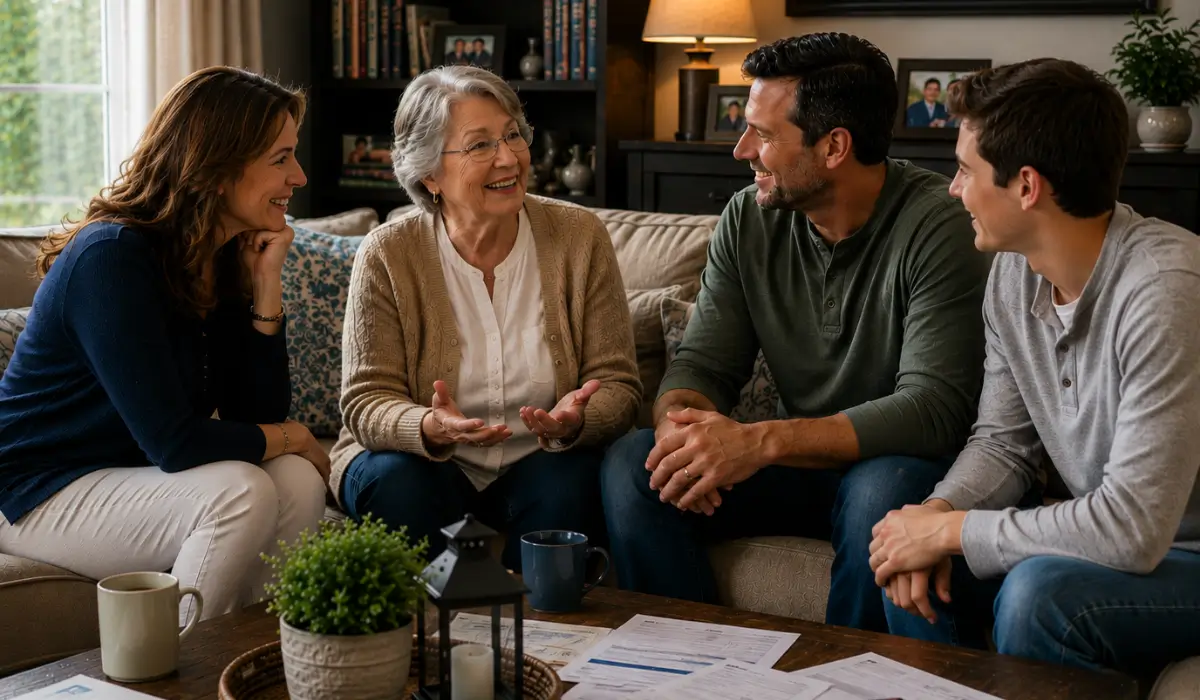 Gift for Your Family conversation with senior mother and adult children reviewing financial plans together at home.