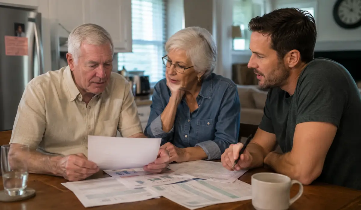 Family reviewing financial documents to prepare for future Funeral Costs and final expenses