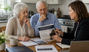 Senior couple reviewing Funeral Trust and burial insurance options with advisor during future funeral expense planning