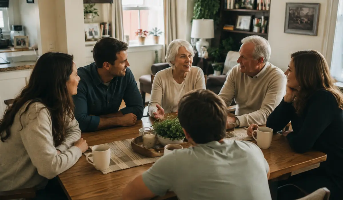 Family members Talk to Aging Parents during a supportive conversation about future wishes and planning.