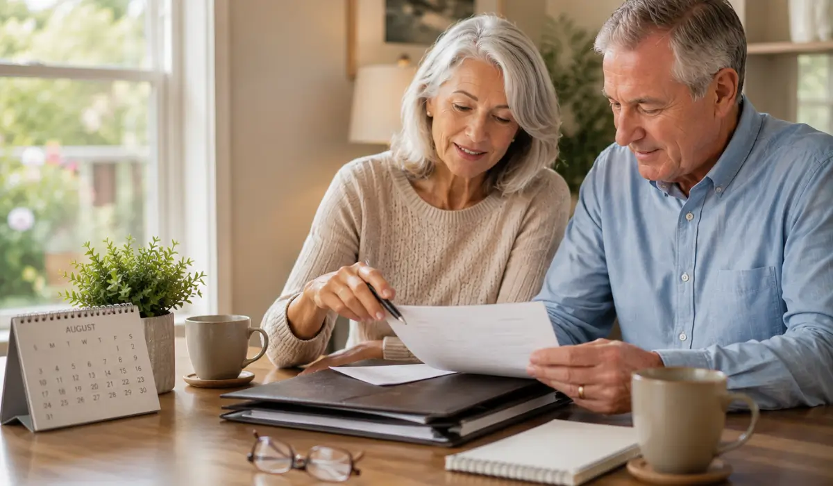 Senior couple reviewing senior policies and final expense insurance documents together at home during an annual August coverage review.