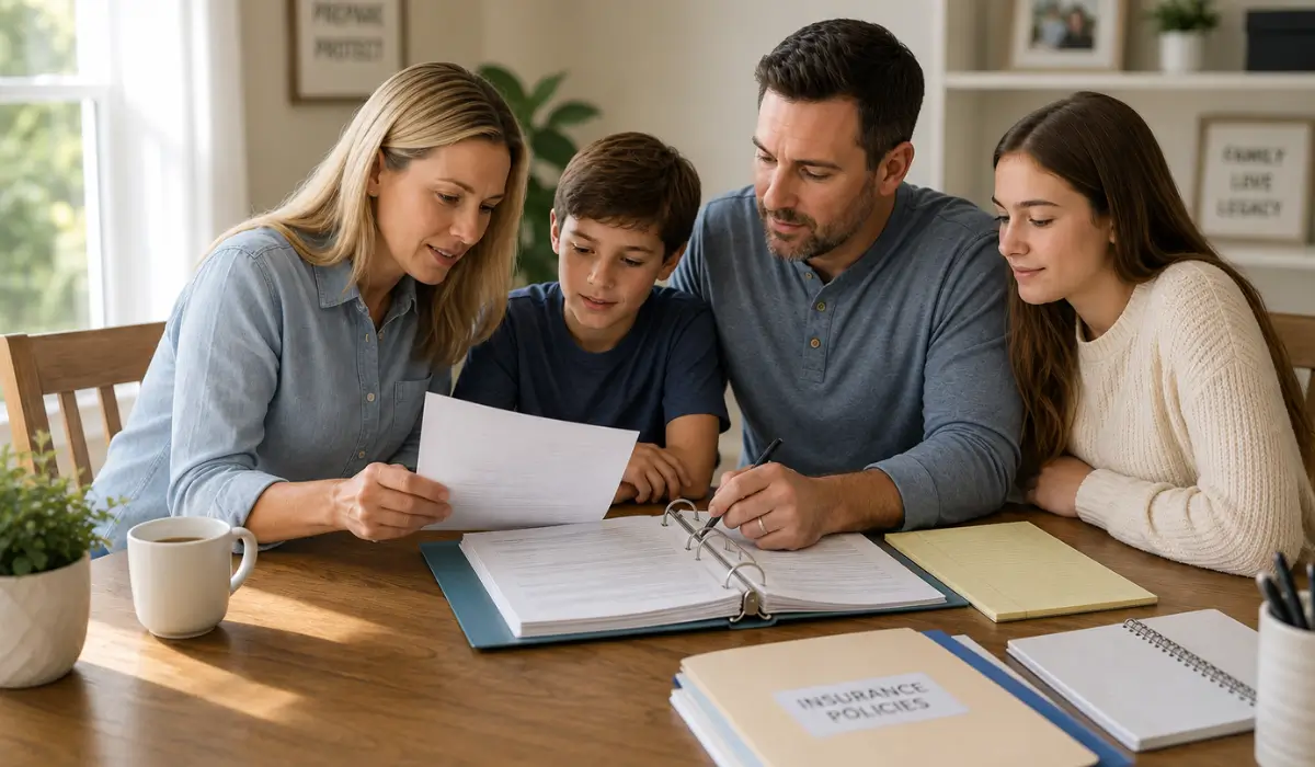 Family reviewing documents during back to school estate planning to organize records and protect loved ones together.