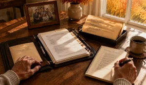 Person reviewing wills and insurance documents with beneficiary records and a fall financial checklist at home
