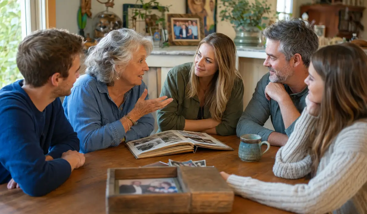 Grandparent discussing burial insurance and final expense planning with adult children and grandchildren at the family table.