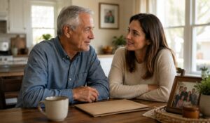 Father and adult daughter discussing life insurance as a gift and family financial planning at home