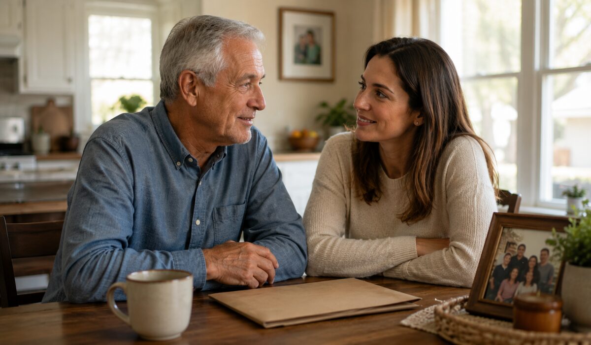 Father and adult daughter discussing life insurance as a gift and family financial planning at home